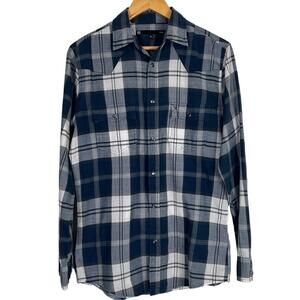 KR3W Flannel‎ Shirt Mens Size M Blue Plaid Western Pearl Snap Rodeo Cowboy